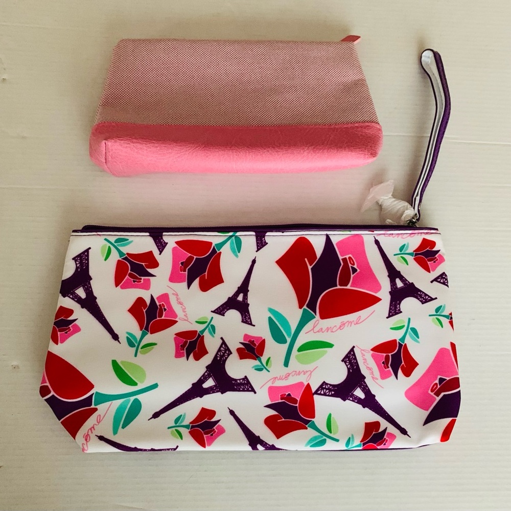 Set of 2 cosmetic make-up bags pink Estee Lauder bag white & purple Lancome bag